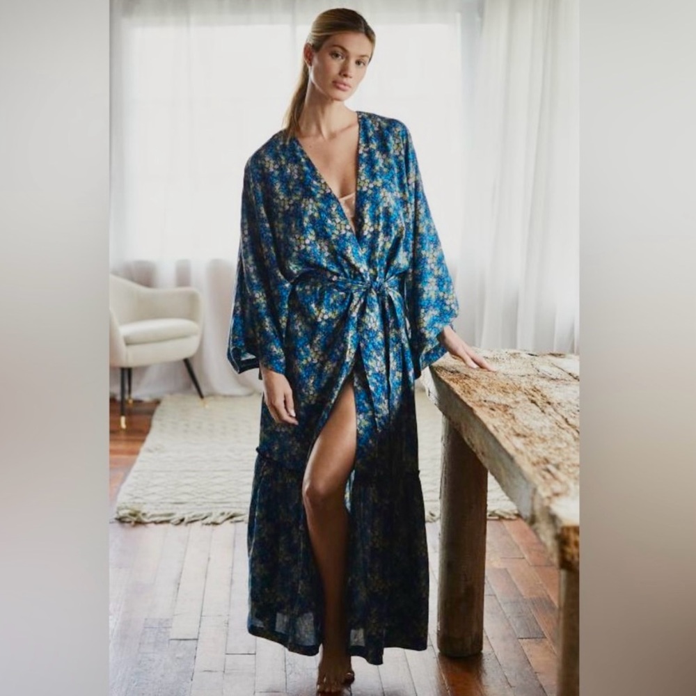 NEW By Anthropologie long sleeve Kimono Blue Floral Ruffle Size M/L 78611654